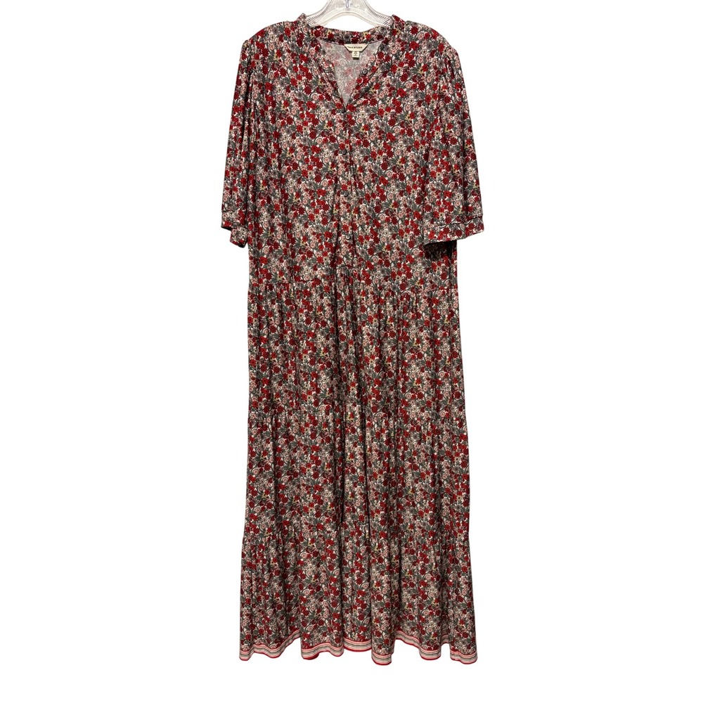 Max Studio Red Floral Tiered Maxi Dress Plus 2X Button Front Boho Short Sleeve